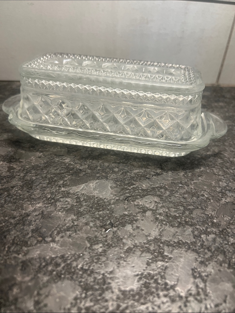 WEXFORD ANCHOR HOCKING Pressed Glass Butter Dish - Clear Diamond Pattern
